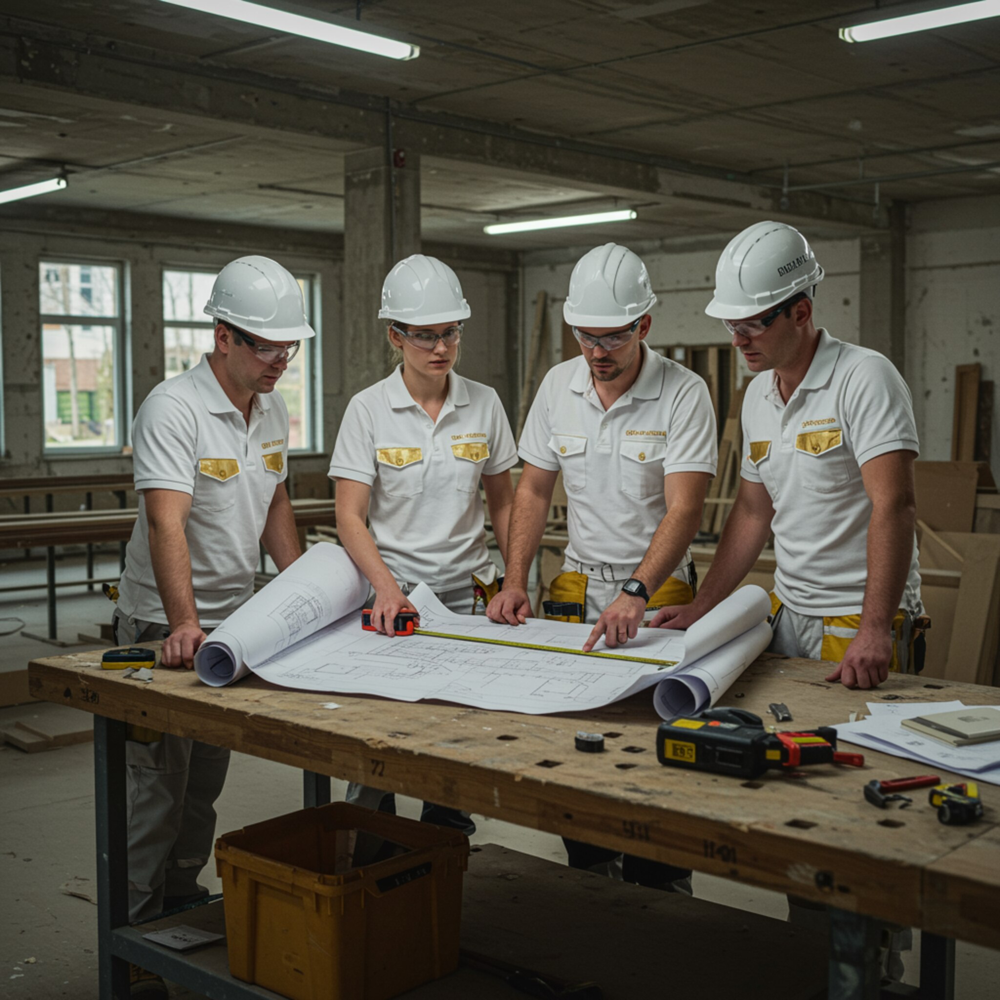 "Grupo de profesionales de la construcción revisando planos en un espacio comunitario en renovación, reflejando seriedad y profesionalismo."