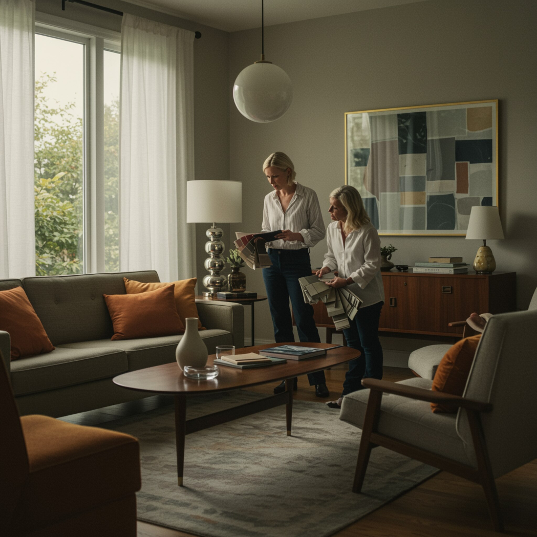 "Diseñadora de interiores y propietaria revisando muestras de pintura y telas en una sala de estar renovada con muebles de estilo mid-century y luz natural."