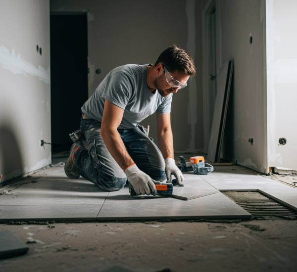 "Trabajador de la construcción colocando azulejos en el suelo de una cocina moderna, con guantes y gafas de seguridad, en un entorno de renovación profesional."