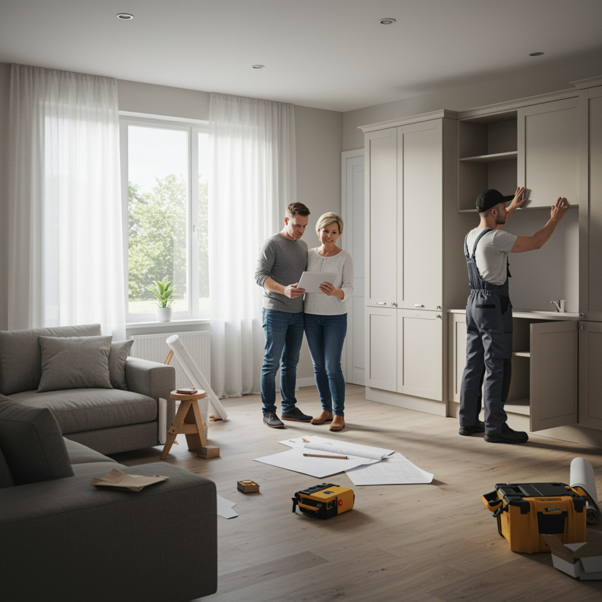 "Ilustración en alta resolución de una moderna sala de estar en renovación, mostrando a una pareja revisando planes con un renovador profesional, ideal para empresas de remodelación."