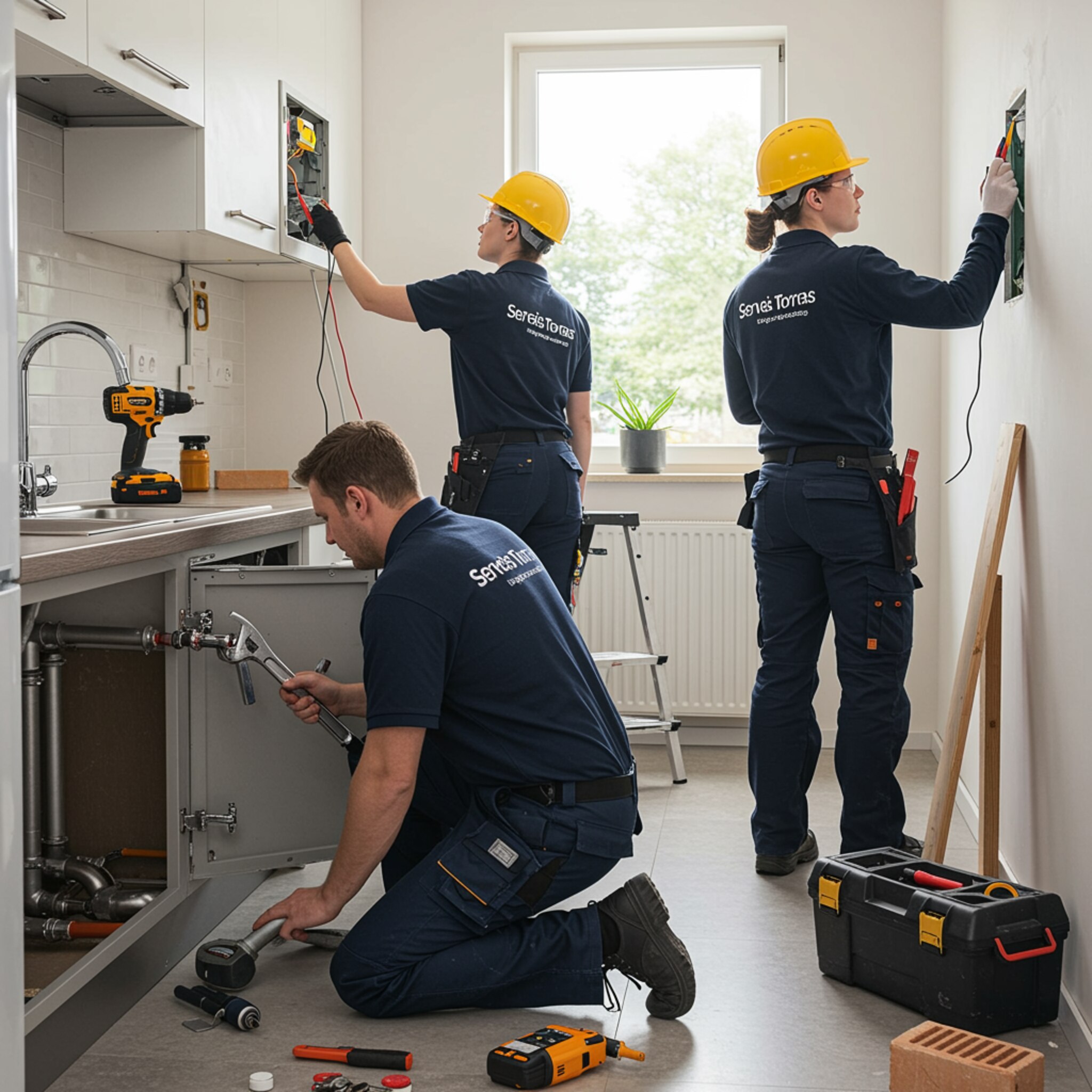 "Equipo de técnicos de Serveis Torras en un hogar moderno, trabajando en fontanería, electricidad, carpintería y albañilería con un ambiente luminoso y profesional."