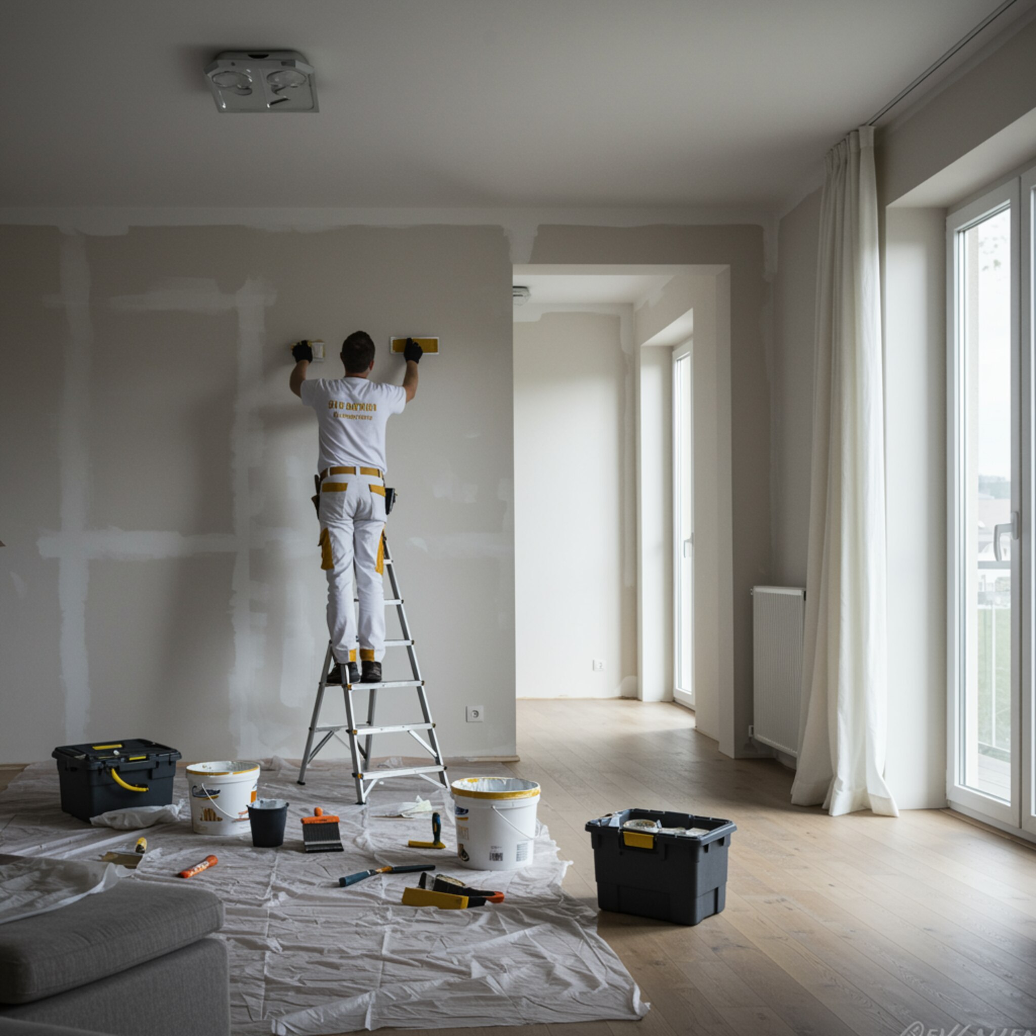 "Renovación profesional de un moderno salón con un trabajador aplicando imprimación en una pared recién enyesada, resaltando acabados de alta calidad y herramientas organizadas."