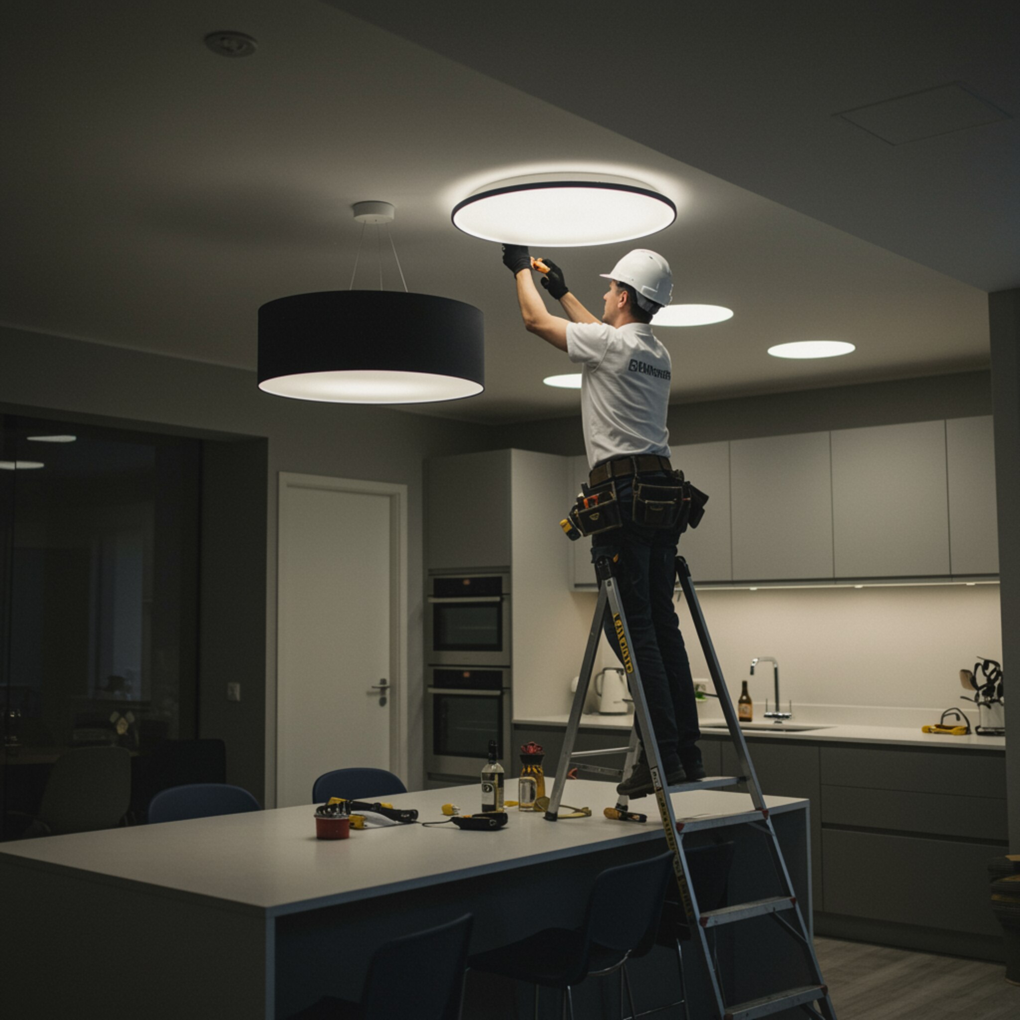 "Electricista instalando una moderna lámpara de techo en una elegante cocina de concepto abierto, destacando precisión y profesionalismo."