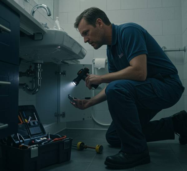 "Técnico en mantenimiento inspeccionando tuberías de plomería bajo un lavabo de baño impecable, con caja de herramientas organizada, reflejando experiencia técnica y cuidado meticuloso."